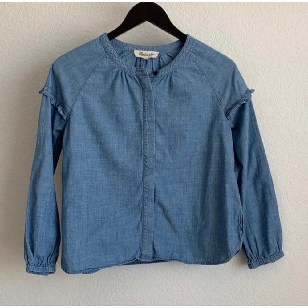 Madewell Womens Blue Chambray Ruffle Shoulder Button Front Blouse Top Small